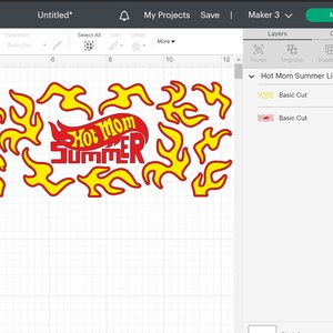 May include: A digital design for a red and yellow "Hot Mom Summer" graphic with flames around the text. The design is on a white grid background.