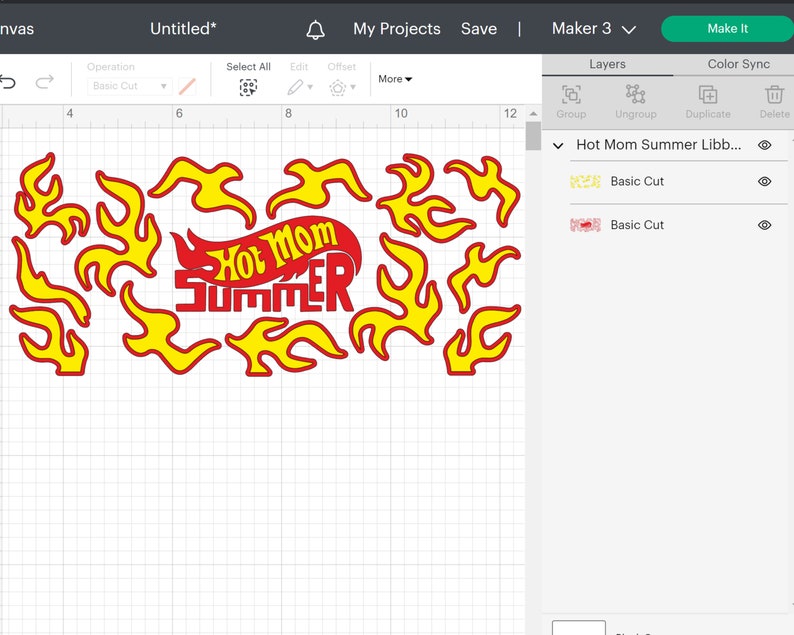 May include: A digital design for a red and yellow "Hot Mom Summer" graphic with flames around the text. The design is on a white grid background.