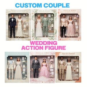 May include: Six wedding action figure sets, each featuring a bride and groom doll in wedding attire. The sets are displayed in decorative boxes with floral accents and miniature wedding-themed accessories. Text on the boxes reads "Custom Couple" and "Wedding Action Figure."