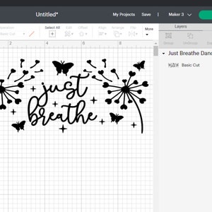 K&ouml;nnte beinhalten: Schwarzwei&szlig;es Design mit zwei Silhouetten von L&ouml;wenzahnpflanzen mit Herzen als Samen, Schmetterlingen und dem Text "just breathe".