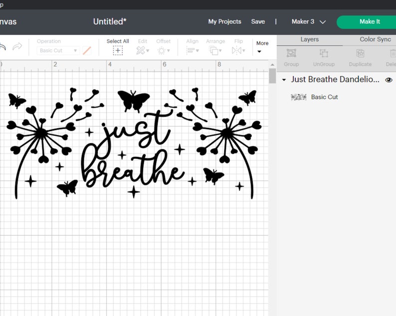 K&ouml;nnte beinhalten: Schwarzwei&szlig;es Design mit zwei Silhouetten von L&ouml;wenzahnpflanzen mit Herzen als Samen, Schmetterlingen und dem Text "just breathe".