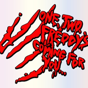 K&ouml;nnte beinhalten: Rote blutige Krallenspuren mit dem Text "One Two Freddy's Coming For You..." in einer tropfenden roten Schrift.
