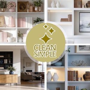 Puede incluir: Un collage de elementos de diseño de interiores, que incluye estanterías con objetos decorativos como jarrones, libros y plantas. La imagen presenta una paleta de colores neutros con el texto "CLEAN SIMPLE" en un círculo dorado.