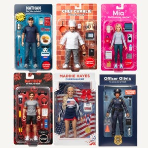 May include: Six action figures in individual blister packaging: Nathan, Chef Charlie, Mia, Matthew, Maddie Hayes, and Officer Olivia. Each figure includes themed accessories like sports gear, kitchen tools, uniforms, and professional equipment.