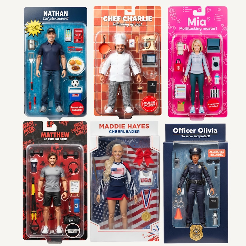 May include: Six action figures in individual blister packaging: Nathan, Chef Charlie, Mia, Matthew, Maddie Hayes, and Officer Olivia. Each figure includes themed accessories like sports gear, kitchen tools, uniforms, and professional equipment.