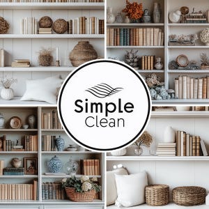 May include: A white bookcase displaying books, vases, and woven decorations. The image features a Simple Clean logo within a black circle. The shelves are arranged with diverse items, creating a comfortable and stylish interior design.