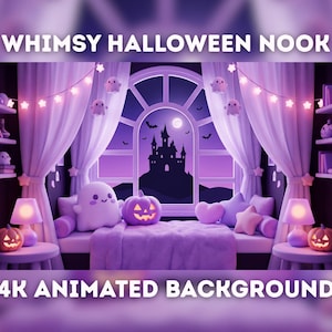 Puede incluir: Una ilustración digital titulada WHIMSY HALLOWEEN NOOK 4K ANIMATED BACKGROUND que muestra una habitación en tonos morados con una ventana arqueada, la silueta de un castillo, peluches de fantasmas y calabazas, luces de estrellas y dos lámparas.