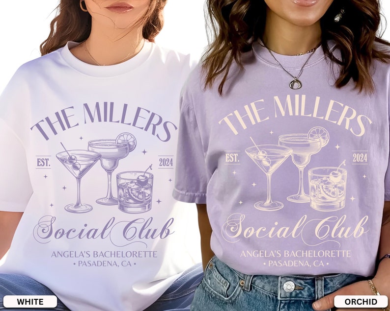 K&ouml;nnte beinhalten: Zwei wei&szlig;e und lila T-Shirts mit dem Text "The Millers Social Club" und einer Grafik von Cocktails. Der Text "Est. 2024" und "Angela's Bachelorette - Pasadena, CA" sind ebenfalls auf den Shirts enthalten.