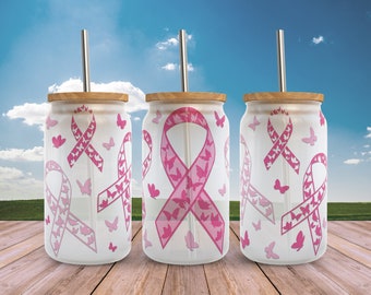 Breast Cancer Ribbon Butterfly Libbey Glass Wrap SVG: 16oz Can (Digital Download)