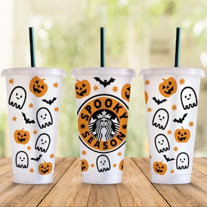 Spooky Season SVG Starbucks Cup Wrap Svg, Funny Halloween Ghost Pumpkin 24oz Venti Cold Cup Full Wrap tumbler Svg files for Cricut Download