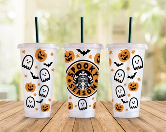 Spooky Season SVG Starbucks Cup Wrap Svg, Funny Halloween Ghost Pumpkin 24oz Venti Cold Cup Full Wrap tumbler Svg files for Cricut Download