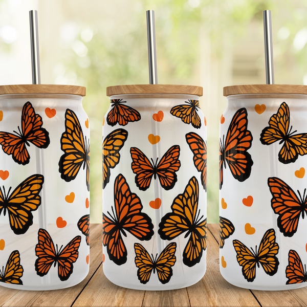 Monarch Butterfly SVG 20oz Libbey Glass Wrap Svg, Boho Spring Floral Libby Beer Can Full Wrap Cup svg files for Cricut, Instant Download