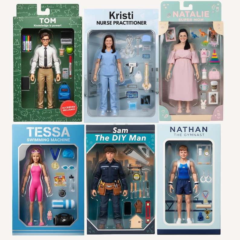May include: Six boxed action figures labeled Tom, Kristi, Natalie, Tessa, Sam, and Nathan. Each figure includes themed accessories like tools, sports gear, or medical equipment. The packaging displays the character name, profession, and various items.