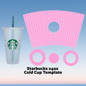May include: A pink and white gridded template for a 24 ounce Starbucks cold cup. The template includes a circle for the lid and two circles for the bottom of the cup.