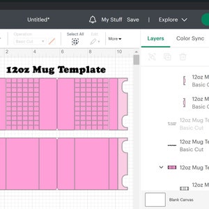 Peut inclure: Un mod&egrave;le de tasse rose de 12 oz pour l'impression par sublimation. Le mod&egrave;le est divis&eacute; en trois sections, chacune avec un motif de grille. Le mod&egrave;le est affich&eacute; sur une plateforme de conception num&eacute;rique.