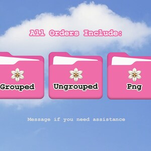 Peut inclure: Ic&ocirc;nes de dossiers roses avec des fleurs blanches et du texte qui dit "All Orders Include:" "Grouped", "Ungrouped", et "Png".