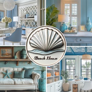May include: A collage of interior design elements in shades of blue and white, evoking a coastal theme. The central image features a seashell logo with the text "Beach House." The scenes include furniture, decor, and architectural details.