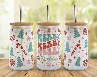 Retro Merry Christmas Svg Libbey Glass Wrap Svg, Christmas Tree SVG 16oz Libby Can Beer Full Wrap cup svg files for Cricut, Instant Download