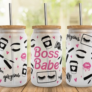 Pestañas y café SVG Libbey vaso Wrap Svg, Girl Boss Babe Makeup 20oz Libby Can Beer Full Wrap vaso archivos SVG para Cricut, Descarga instantánea