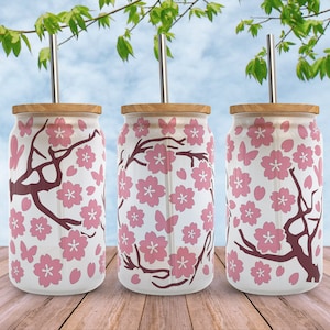 桜 SVG Libbey ガラス ラップ SVG、桜 バタフライ フローラル 16 オンス Libbey ビール缶 フルラップ カップ SVG ファイル Cricut 用、Png ダウンロード