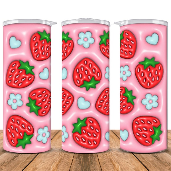 Strawberry Heart 3d Puffy Tumbler Wrap Png Sublimation Designs, gonflé Summer Berry Fruit Flower 20 oz Skinny Straight Tumbler Wrap PNG