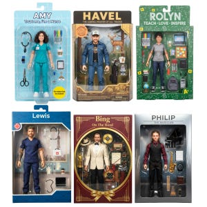 May include: Six action figures in individual blister packaging. The figures represent a nurse named Amy, a man named Havel, a teacher named Rolyn, a medical professional named Lewis, a man named Bing, and a musician named Philip, each with various accessories.
