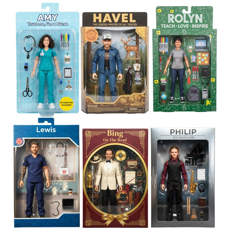 May include: Six action figures in individual blister packaging. The figures represent a nurse named Amy, a man named Havel, a teacher named Rolyn, a medical professional named Lewis, a man named Bing, and a musician named Philip, each with various accessories.
