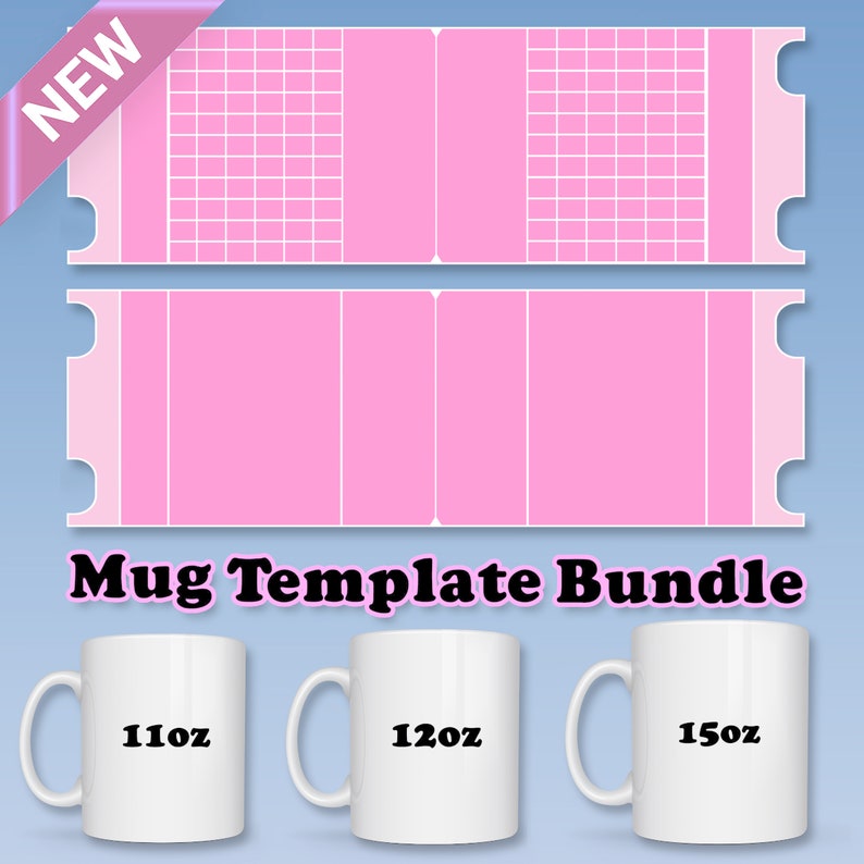 Peut inclure: Ensemble de gabarits de tasses avec trois tailles diff&eacute;rentes&nbsp;: 11&nbsp;oz, 12&nbsp;oz et 15&nbsp;oz. Chaque gabarit de tasse est un motif de grille rose et blanc.