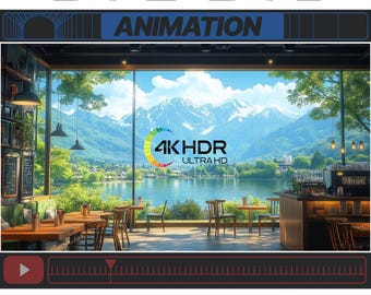 Fondo animado de Vtuber, fondo virtual de cafetería acogedora junto al lago, superposición de video en bucle continuo para transmisión de Twitch, fondo de pantalla con zoom LoFi