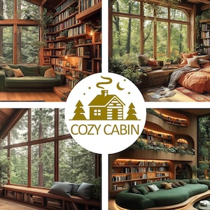 Op de afbeelding: Een knusse hut met grote ramen met uitzicht op een weelderig groen bos. De hut heeft een comfortabele groene bank, een boekenkast vol boeken en een groot raam met uitzicht op het bos. De tekst "Cozy Cabin" wordt weergegeven in een gouden lettertype op een bruine achtergrond.