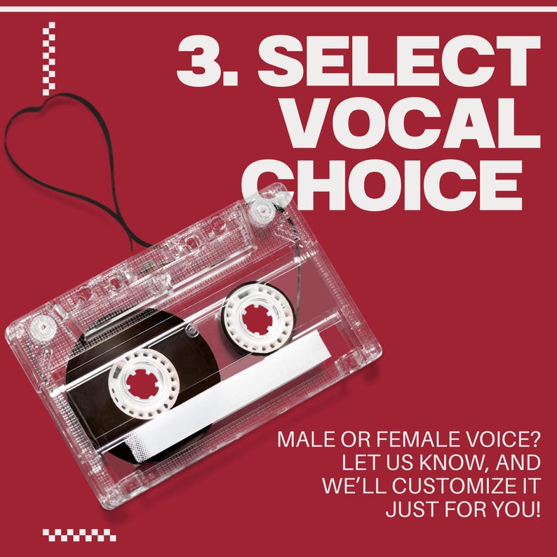 Peut inclure: Une cassette transparente avec des d&eacute;tails noirs et blancs sur un fond rouge. Le texte indique "3. SELECT VOCAL CHOICE" et "MALE OR FEMALE VOICE? LET US KNOW, AND WE'LL CUSTOMIZE IT JUST FOR YOU!"