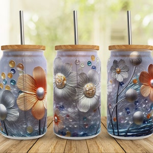 3d Summer Daisy Libbey Glass Wrap Png Sublimation Designs, Colorful Crystal Floral 16oz Libby Beer Can Full Wrap Cup tumbler Png, Download