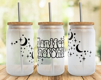 Manifestieren Sie diese Scheiße Boho Libbey Glasverpackungs-Svg, lustige himmlische 16 Unze Libby Beer Can Full Wrap Cup-Svg-Dateien für Cricut, Png Instant Download