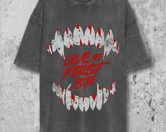 Vampire Dracula Shirt, Retro Halloween Monster Love at First Bite Comfort Colors Tshirt, Goth Streetwear Horror Graphic Tee Gift for Him Her
