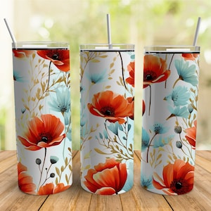 Poppy Flower Tumbler Wrap Png Sublimation Designs, Spring Poppies Floral 20 oz Skinny Straight & Tapered Tumbler Wrap PNG, Instant Download