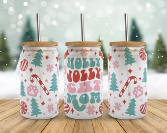 Pliki SVG do pakowania szklanek Libbey w formacie Christmas Cat Mom SVG, pliki SVG do pakowania szklanek Libbey w formacie Holly Jolly Cat Mama o pojemności 16 uncji, przeznaczone do Cricut, do natychmiastowego pobrania