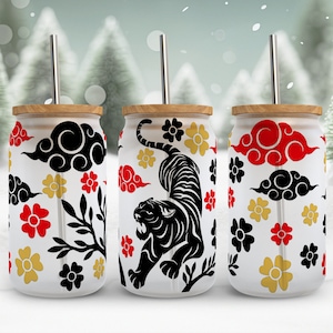 Tiger Libbey Glass wrap svg, Chinese Japanese Clouds Tiger 16oz libby Can glass beer Full Wrap cup svg files for Cricut, Download