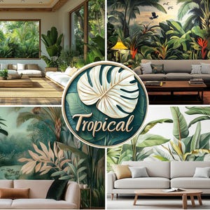 Pode incluir: Uma colagem de quatro imagens com decoração de sala de estar de temática tropical. Cada imagem mostra um papel de parede com um padrão de folhas tropicais diferente com um sofá branco e uma mesa de centro. A imagem central apresenta uma placa redonda verde e branca com a palavra "Tropical" em letras douradas.