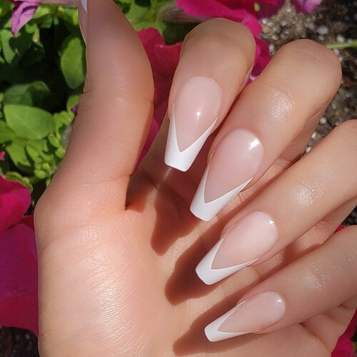 24 Medium Long White V Tip Coffin Press On Nails Etsy
