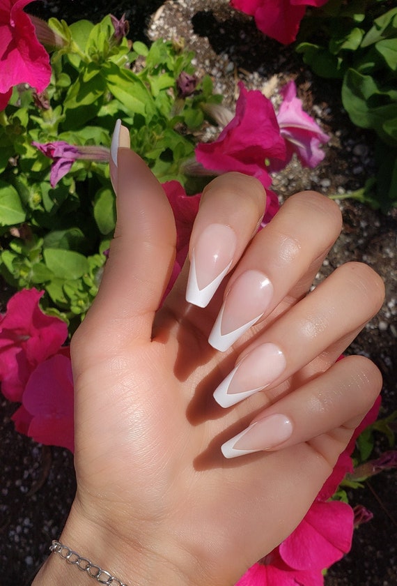 24 Medium Long White V Tip Coffin Press On Nails Etsy