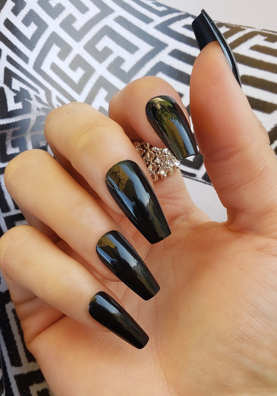 24 Glossy Coffin Black Nails | Etsy