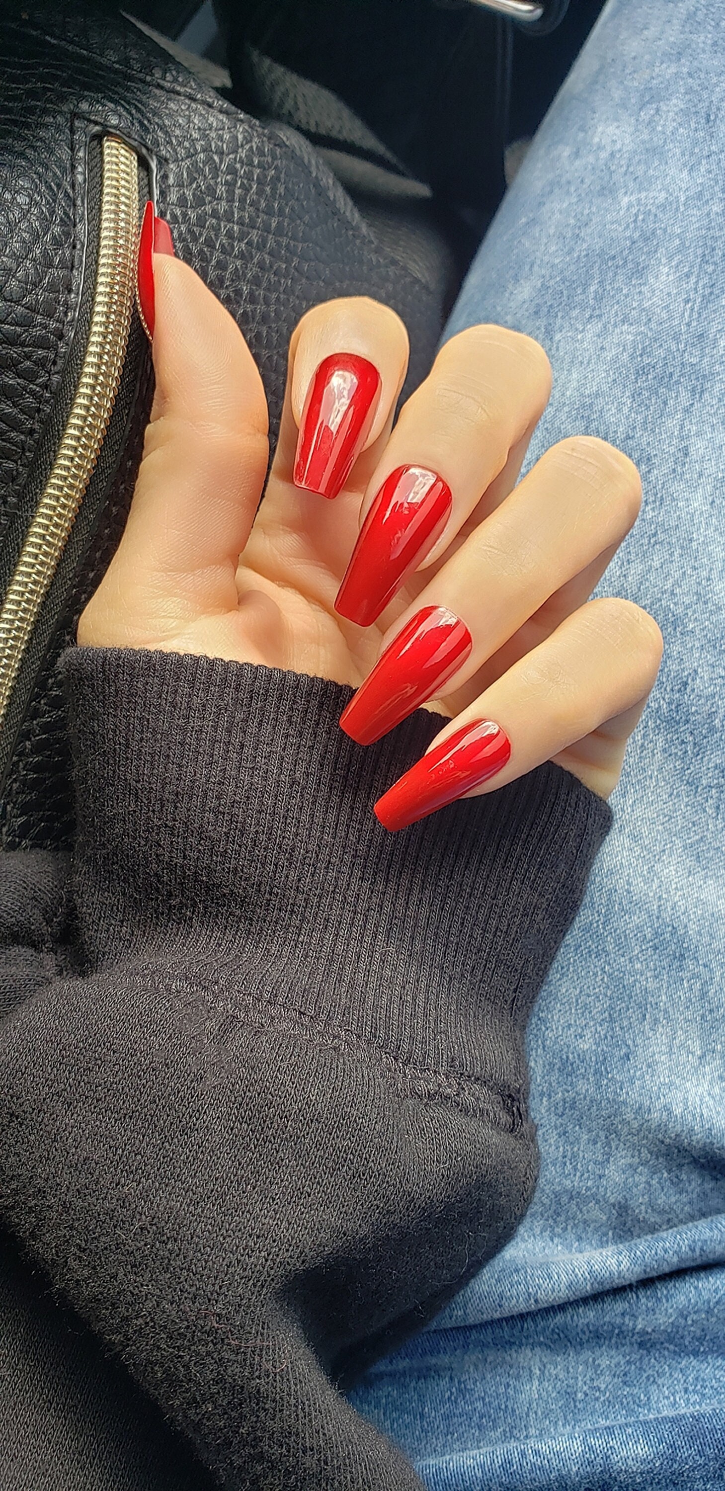 24 Bright Red Long Coffin Glossy Press on Nails | Etsy