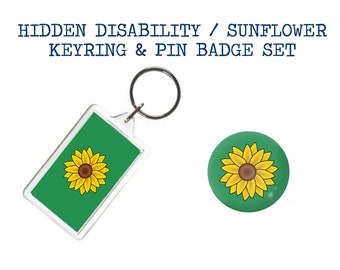 Hidden Disability Keyring & Badge  Set / Sunflower Badge / Hidden Disability Sunflower 25mm / 1 inch pin button badge / Sunflower Magnet