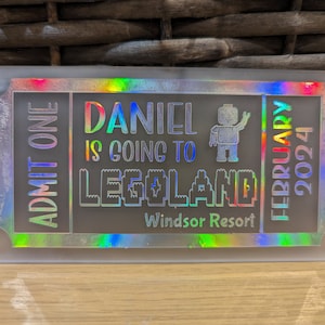 Personalised Acrylic Ticket Legoland Windsor Trip Reveal Gift FREE UK DELIVERY