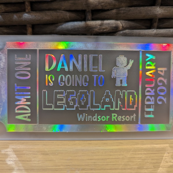 Personalised Acrylic Ticket Legoland Windsor Trip Reveal Gift FREE UK DELIVERY
