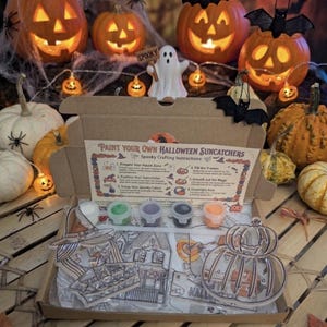 May include: A cardboard craft kit box labelled Paint Your Own Halloween Suncatchers containing five small paint pots in white, green, purple, black, and orange, a thin applicator tool, and clear plastic suncatcher shapes of a witch and a pumpkin.