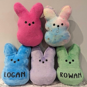 May include: Five plush bunny toys in various colours: pink, blue, purple, green, and a pastel rainbow. The blue and green bunnies have names embroidered on them. Each bunny has black button eyes and a stitched mouth.