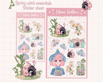 Spring Witch essential cottagecore cozy aesthetic sticker sheet, flower Illustration journaling, Stationary, Bujo, scrapbook bullet journal.