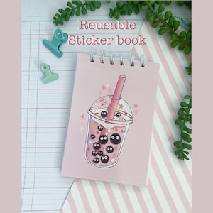 Kawaii Reusable Sticker Book, Reusable Sticker Album, 6x4 inch Sticker Book, Silicone Release Paper, Bubble tea Sticker Storage Book