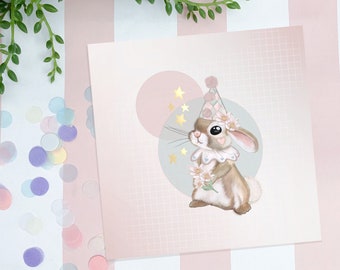 Moonlight Bunny cute kawaii art print. Illustration. Hand drawn magic bunny, rabbit magical circus print.